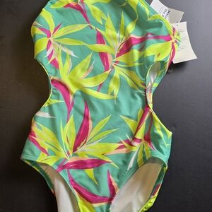 Match Kids One-Piece Swimsuit in Teal with Neon Pink & Lime